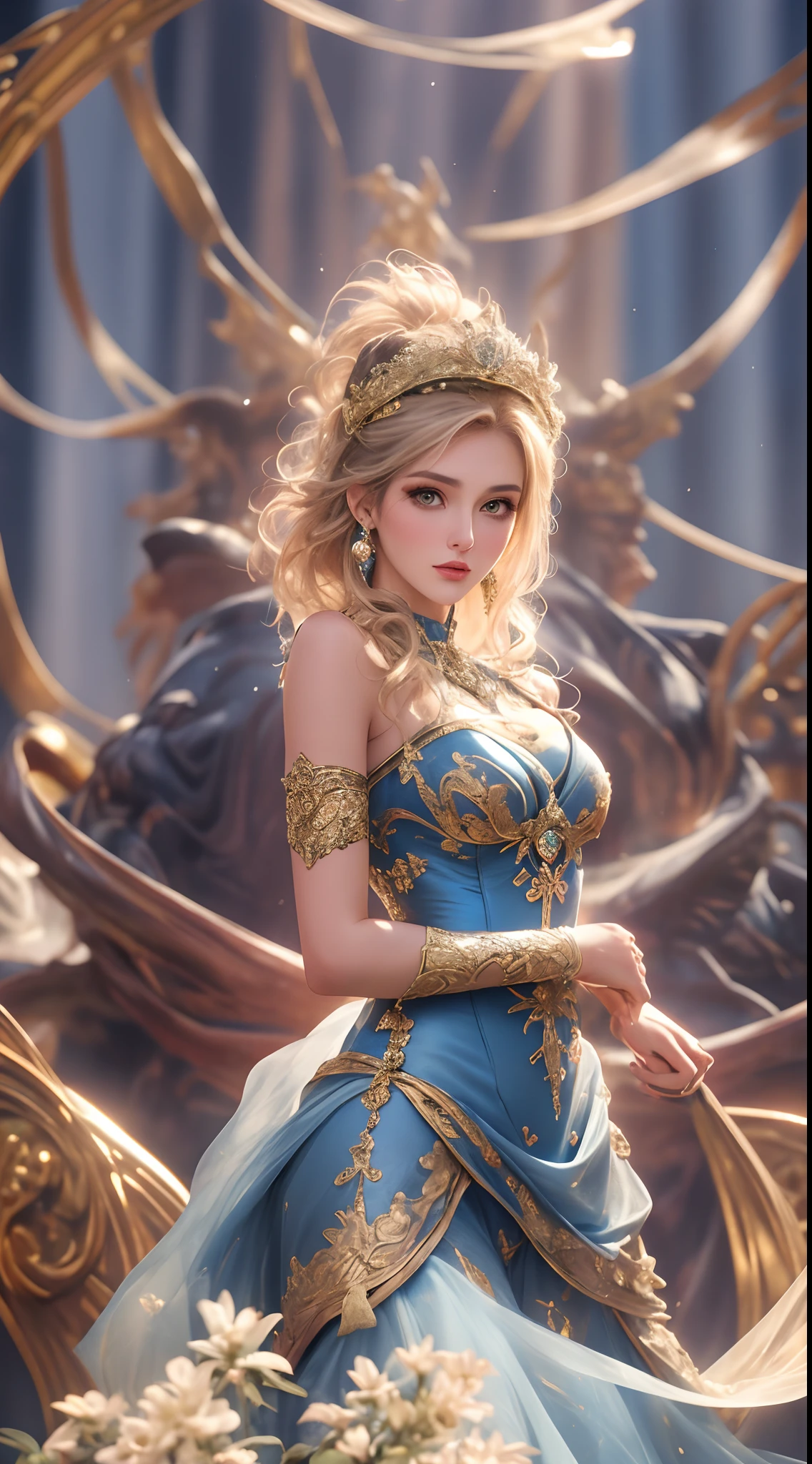 A beautiful princess in a blue and gold Corset and suit, majestic look, extremely detailed artgerm, artgerm. high detail, artgerm detailed, style artgerm, artgerm style, in style of artgerm, samira from league of legends, cinematic goddess body shot, style of artgerm, alena aenami and artgerm