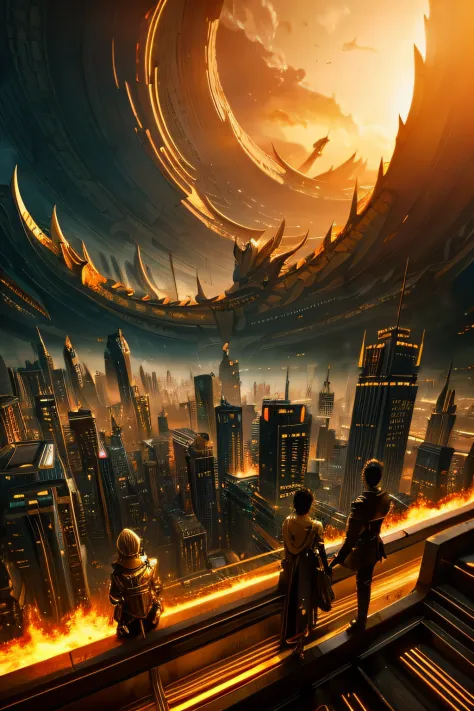 Golden Dragon, Dramatic skies, Cinematic light、Futuristic city、Detailed sense of scale