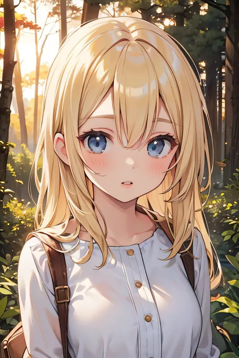 closeup portrait, Sexy SS blonde hair, Parted lips, Lips, Casual dress, Looking at Viewer, Forest background, sunset light, Realistic