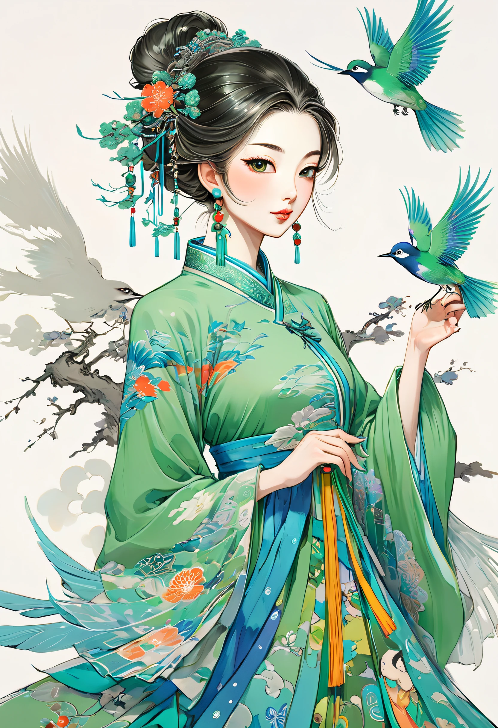 鳥と色鮮やかなドレスを着た中国人女性の絵画, 魅力的なアニメキャラクターのスタイルで, 緑と青, 複雑なイラスト, 大胆な, マンガ風のキャラクター