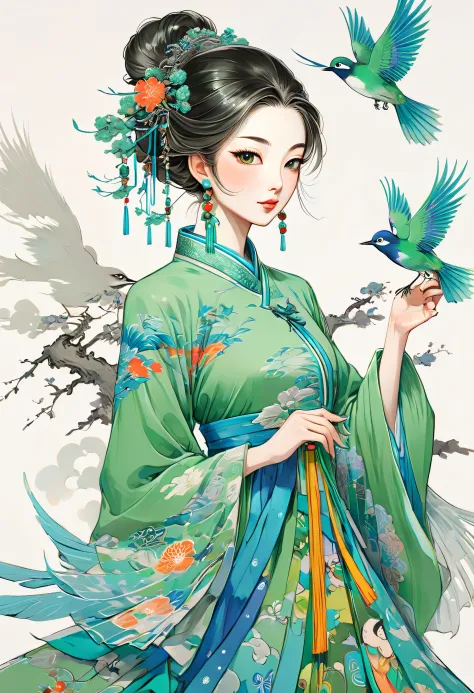 a painting of an chinese woman with a bird and colourful dress, in the style of charming anime characters, green and azure, intr...