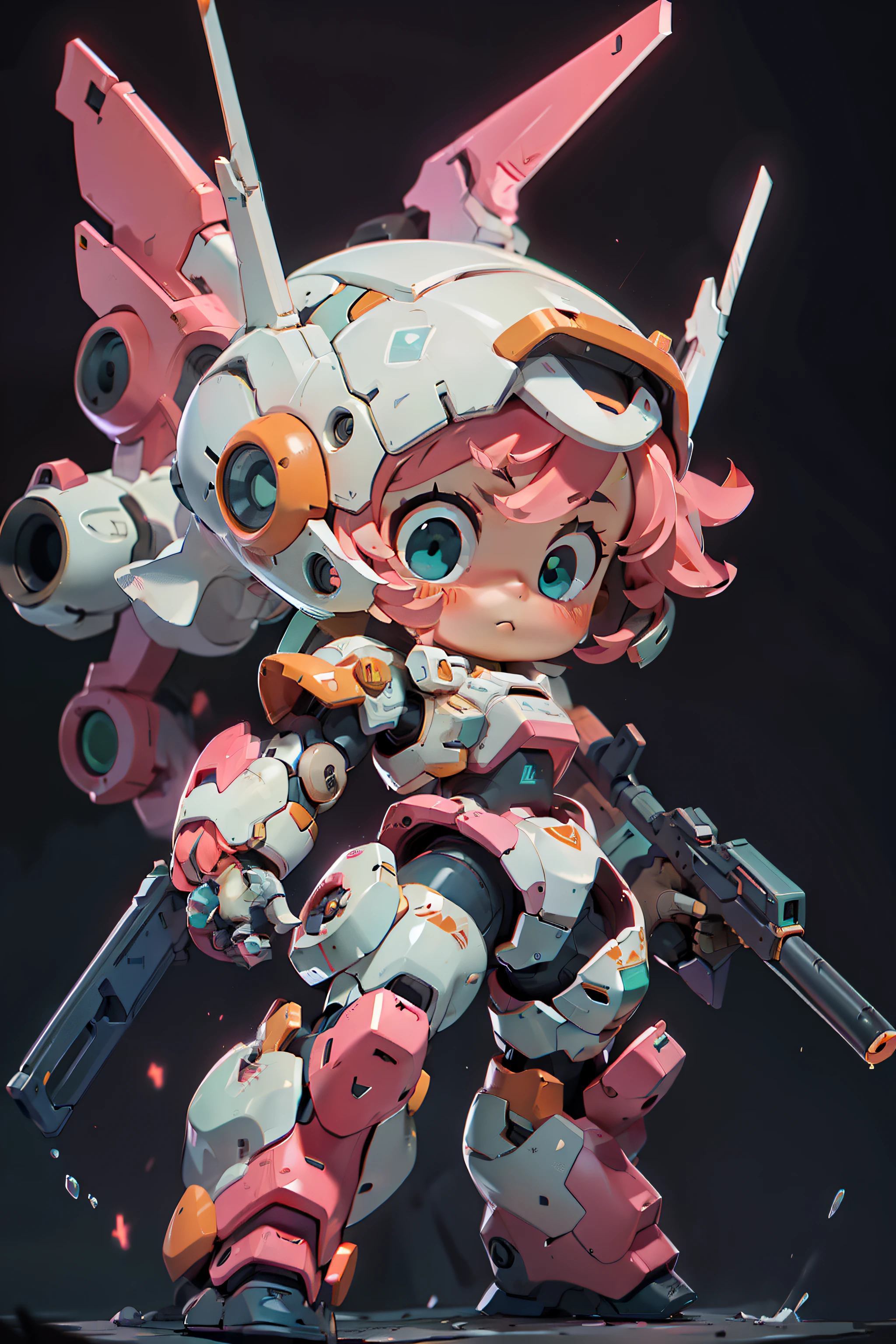 BJ_Cute_Mech,1girl,solo,blush,blue_eyes,holding,closed_mouth,standing,full_body,weapon,pink_hair,chibi,holding_weapon,armor,aqua_eyes,gun,helmet,black_background,clenched_hand,holding_gun,mecha_musume,power_armor,
cinematic lighting,strong contrast,high level of detail,Best quality,masterpiece,White background,