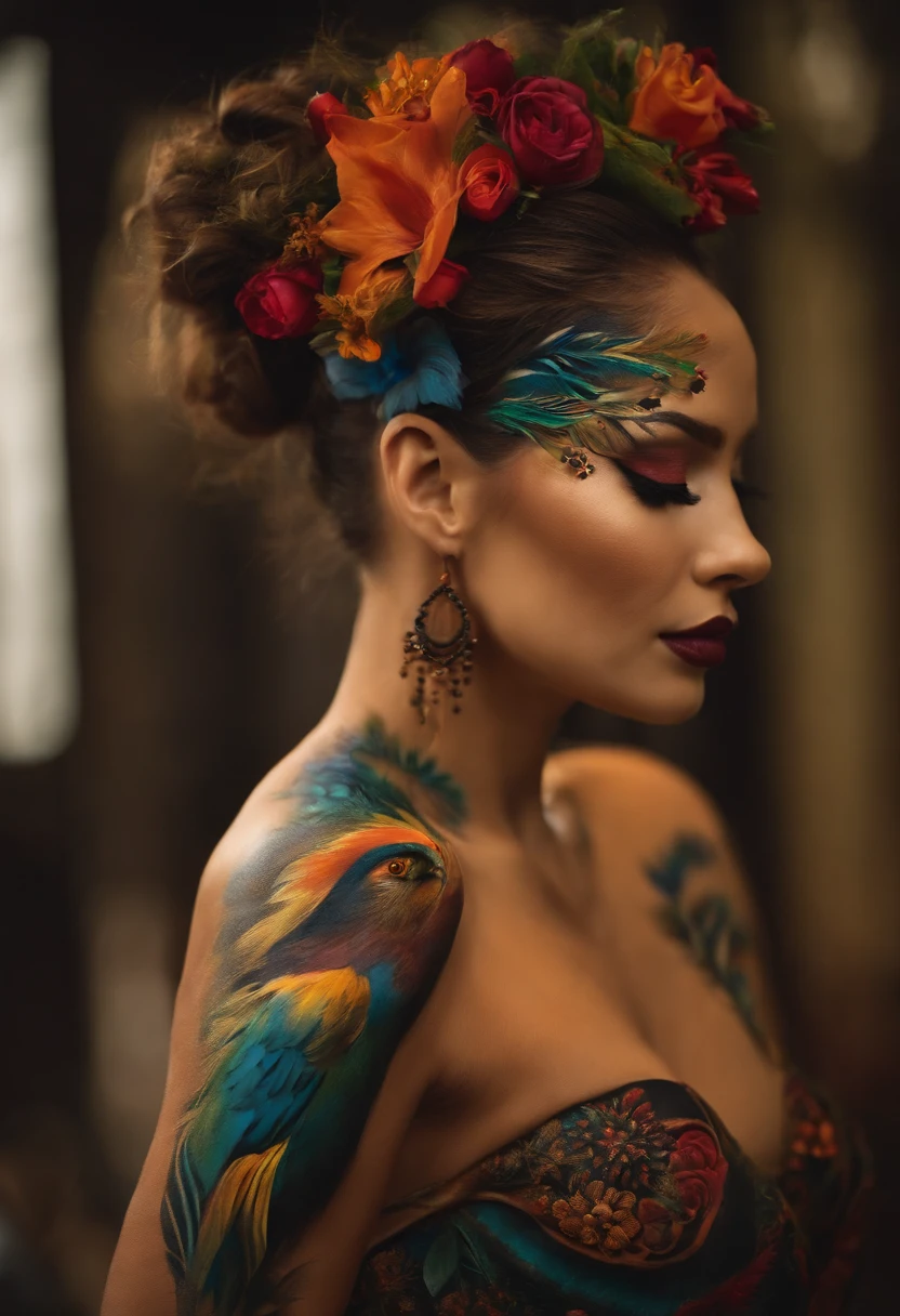 A close up of a woman with a colorful tattoo on her arm - SeaArt AI