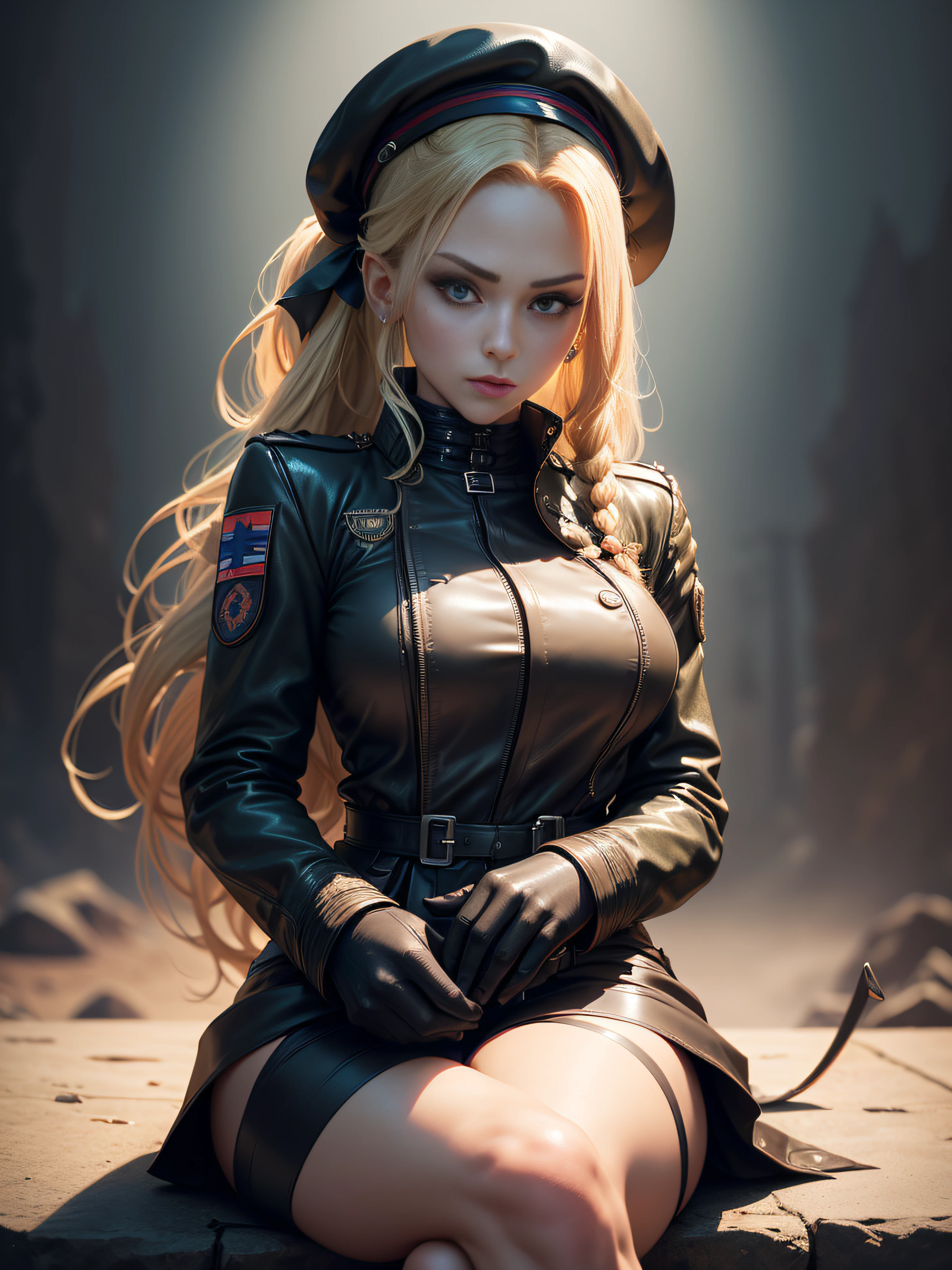 "(exquisitely detailed CG unity 8k wallpaper, masterpiece-quality with stunning realism), (best illumination, best shadow), (best quality), (elegant and demonic style:1.2), Arti modern anime. angled view, heroic pose, closeup full body portrait of stunningly beautiful 30 year old cammy from street fighter, Masterpiece, best quality, highres, mature Cammy white, twin braids, long hair, blonde hair, antenna hair, beret, (red headwear:1), blue eyes, scar on cheek, green military leotard, red gloves, fingerless gloves, camouflage, (fully clothed:1), abs, depth of field blur effect, night, full zoom, action portrait, photorealistic. cinematic lighting, highly detailed. best quality, 4k, Better hand, perfect anatomy, leaning forward, foreshortening effects, coy flirty sexy expression, foreshortening effect, (piercing eyes:0.8), surrounded by an ominous and dark atmosphere, accentuated by dramatic and striking lighting, imbued with a sense of surreal fantasy". wearing laced military boots:1.5), sitting (wearing a British Military jacket:1.5) (mature face:0.5)