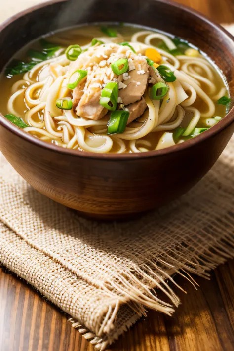 On a simple wooden table，A bowl of steaming noodles was placed。This bowl of noodles is a homemade taste，The soup is delicious，The noodles are elastic，It exudes a faint wheat fragrance。The bowl is served with green chopped green onions and a few thinly slic...
