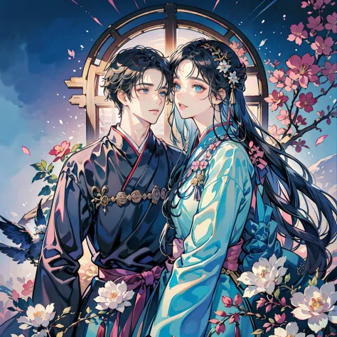 Two men, attractive, Two men is lover, Finely detailed eyes and detailed face, long-haired, fantasy, Spectacular backgrounds, Fluttering flowers, Wearing traditional hanfu, Advanced details, nightsky, secret, fireworks, white hairs, black hairs