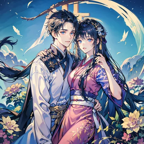 Two men, attractive, Two men is lover, Finely detailed eyes and detailed face, long-haired, fantasy, Spectacular backgrounds, Fluttering flowers, Wearing traditional hanfu, Advanced details, nightsky, secret