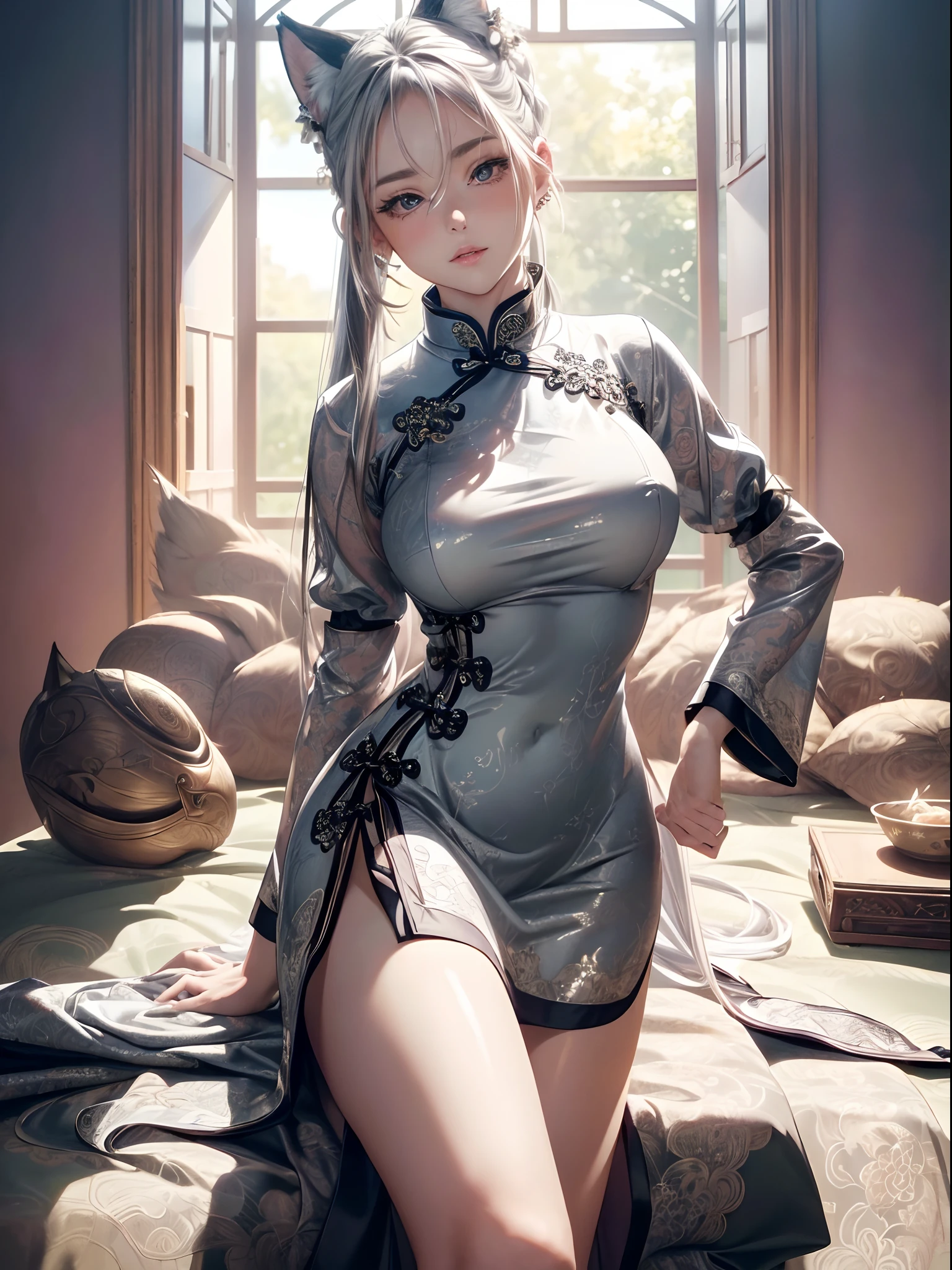 absurderes,(​masterpiece、top-quality、8K ),intricate detailes,ultra-detailliert、1 beautiful pale woman,(silber hair:1.2),((fox ear:1.3)),Long ponytail,Mega Ponytail,(qipao dress:1.3),thighs thighs thighs thighs、long eyelashes,(Beautiful and detailed eyes),Glossy lips,Sunlight,is standing、(sexy  pose:1.2),Hyper realistic,Perfect Anatomy