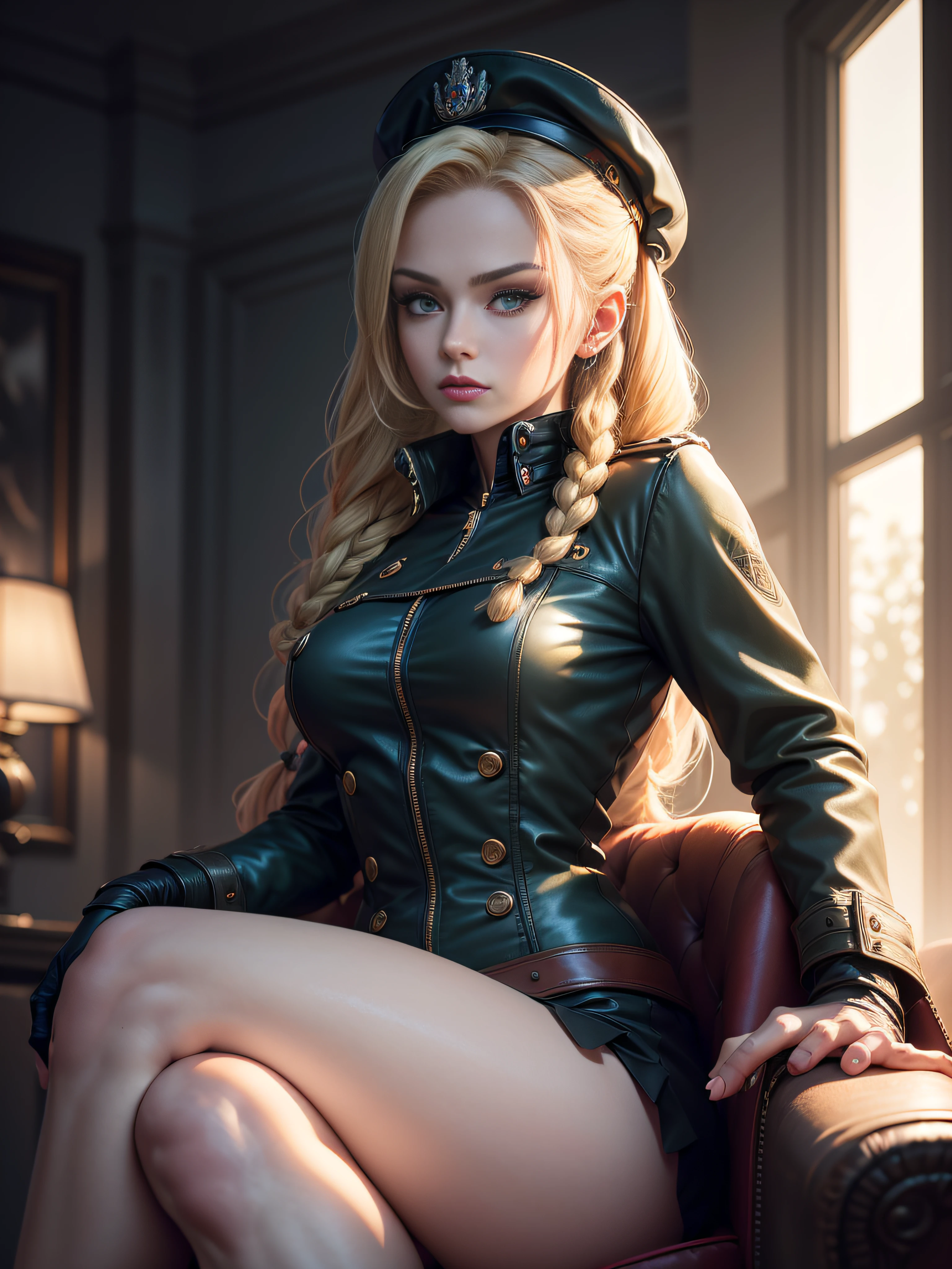 "(exquisitely detailed CG unity 8k wallpaper, masterpiece-quality with stunning realism), (best illumination, best shadow), (best quality), (elegant and demonic style:1.2), Arti modern anime. angled view, heroic pose, closeup full body portrait of stunningly beautiful 30 year old cammy from street fighter, Masterpiece, best quality, highres, mature Cammy white, twin braids, long hair, blonde hair, antenna hair, beret, (red headwear:1), blue eyes, scar on cheek, green military leotard, red gloves, fingerless gloves, camouflage, (fully clothed:1), abs, depth of field blur effect, night, full zoom, action portrait, photorealistic. cinematic lighting, highly detailed. best quality, 4k, Better hand, perfect anatomy, leaning forward, foreshortening effects, coy flirty sexy expression, foreshortening effect, (piercing eyes:0.8), surrounded by an ominous and dark atmosphere, accentuated by dramatic and striking lighting, imbued with a sense of surreal fantasy". wearing laced military boots:1.5), sitting (wearing an opened British Military jacket:1.3) (mature face:0.5)