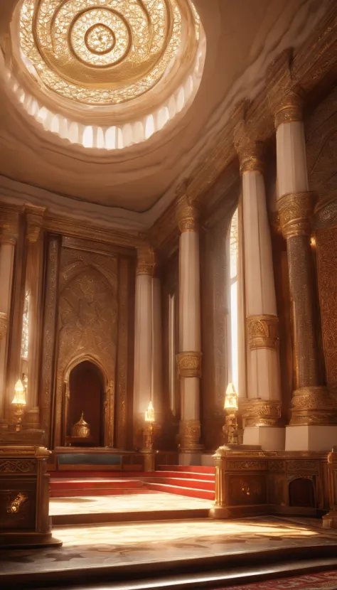 There is a large room with stairs and a circular staircase, futuristic persian palace, CGsociety's Unreal Engine, exquisitely designed throne room, Unreal Engine Rendering, Motor Unreal 5 : :, futuristic palace, Rendering in Lumion, Unreal Engine HD Render...
