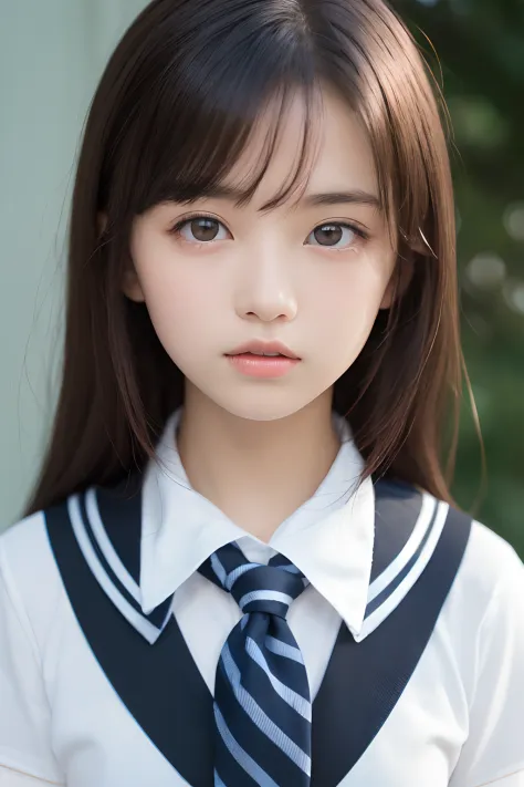 masterpiece, best quality, (a beauty girl:1.3), (16 years old:1.3), very fine eye definition, (symmetrical eyes:1.3), (school uniform, short sleeve, white shirt, neckerchief:1.2), brown eyes, parted bangs, brown hair, (eyes and faces with detailed:1.0), (r...