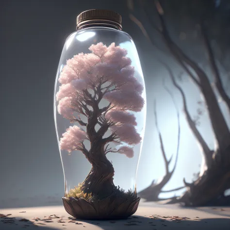 dreamlikeart tree in a bottle, fluffy, realistic, photo, canon, dreamlike, art, colorfull leaves and branches with flowers on top of its head. hyperdetailed photorealism by greg rutkowski - h 1024 w 804 | f 1 6 lens mark 2:2 s 3555 mm film grain :1 lifelik...