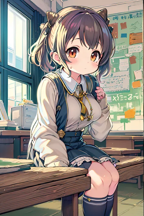 Anime girl sitting at desk in classroom with hand on chin, small curvy loli, Anime visuals of cute girls, Kantai Collection Style, anime moe art style, splash art anime loli, best anime 4k konachan wallpaper, the anime girl is crouching, Cute anime girl, s...