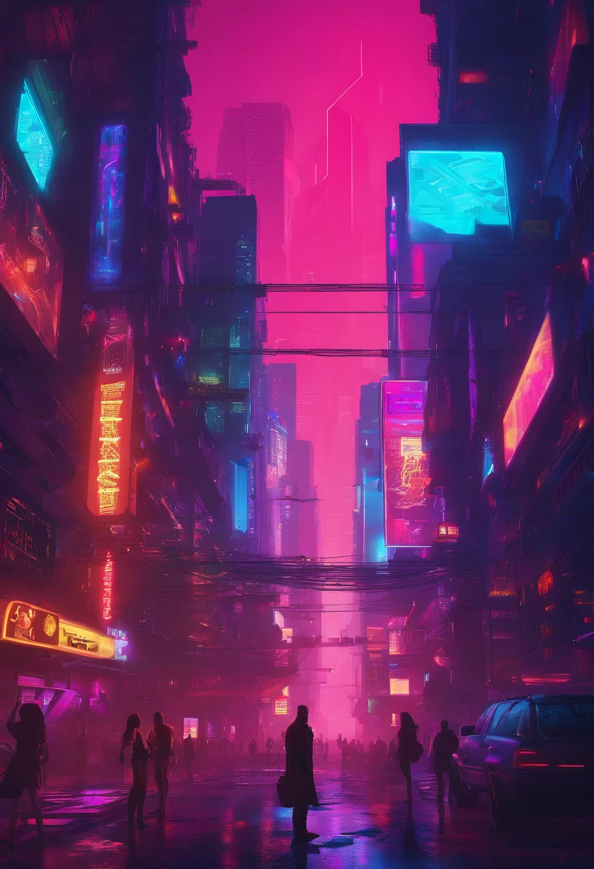 Cyber city with neon lights and people walking on the street - SeaArt AI