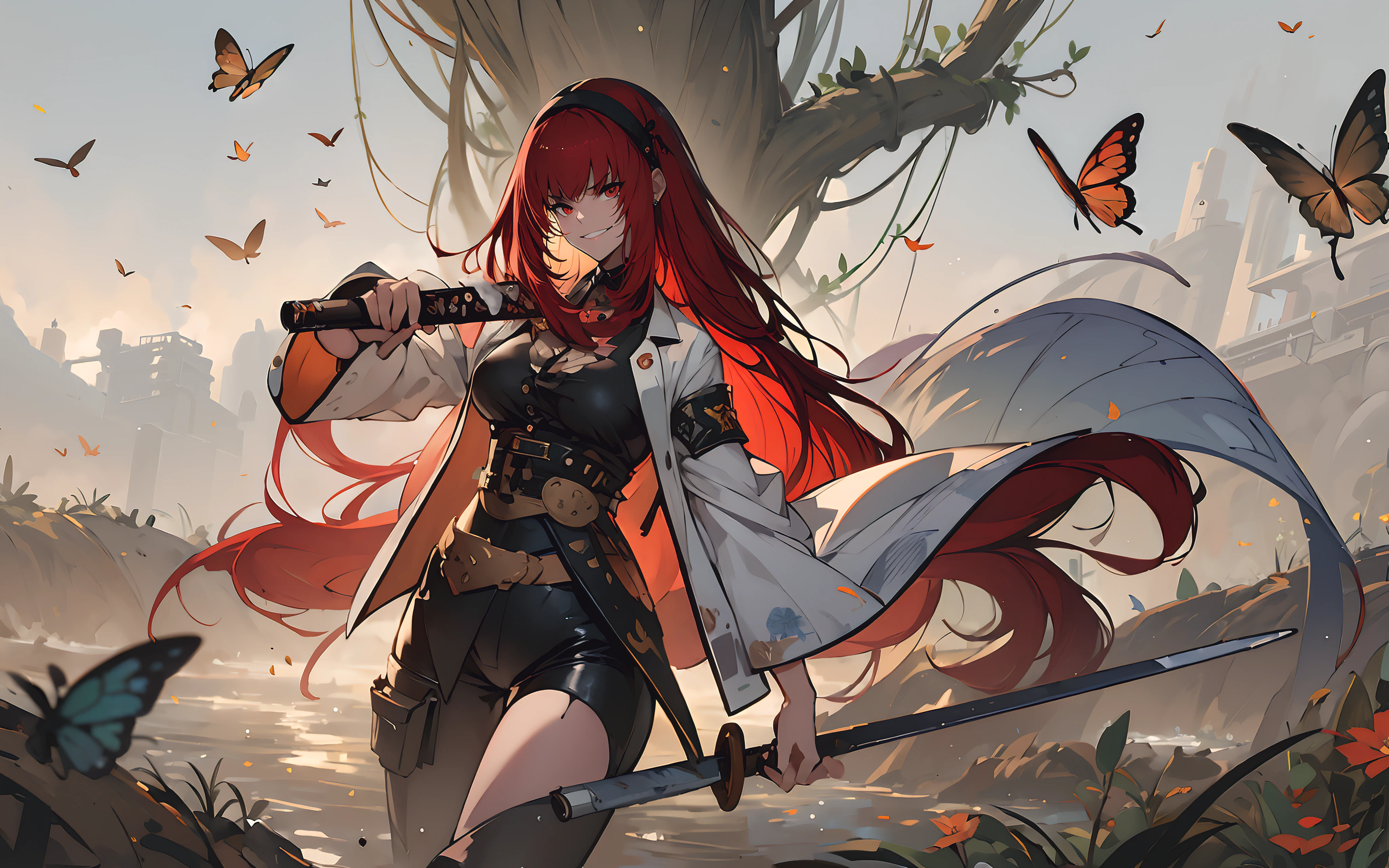 (long hair, red hair:1.6), black hairband, epic art, fantasy, detailed background, butterfly, insect, bug, blue_butterfly, butterfly_hair_ornament,1girl, belt, animal_print, torn_clothes, haori, butterfly_print, katana, solo, breasts, japanese_clothes, wide_sleeves, long_sleeves, pants, black_pants, looking_at_viewer, flower, lips, coat, jacket, sheath, uniform, black_legwear, large_breasts, water,"Photorealistic, Hyperrealistic, Hyperdetailed, analog style, soft lighting, subsurface scattering, realistic, heavy shadow, masterpiece, best quality, ultra realistic, 8k, golden ratio, Intricate, High Detail, film photography, soft focus", anime coloring, anime screencap, sweating, steaming body, fog