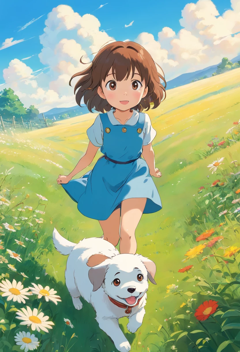 Scenery of meadows，Blue sky, Nice little girl，Cute puppy