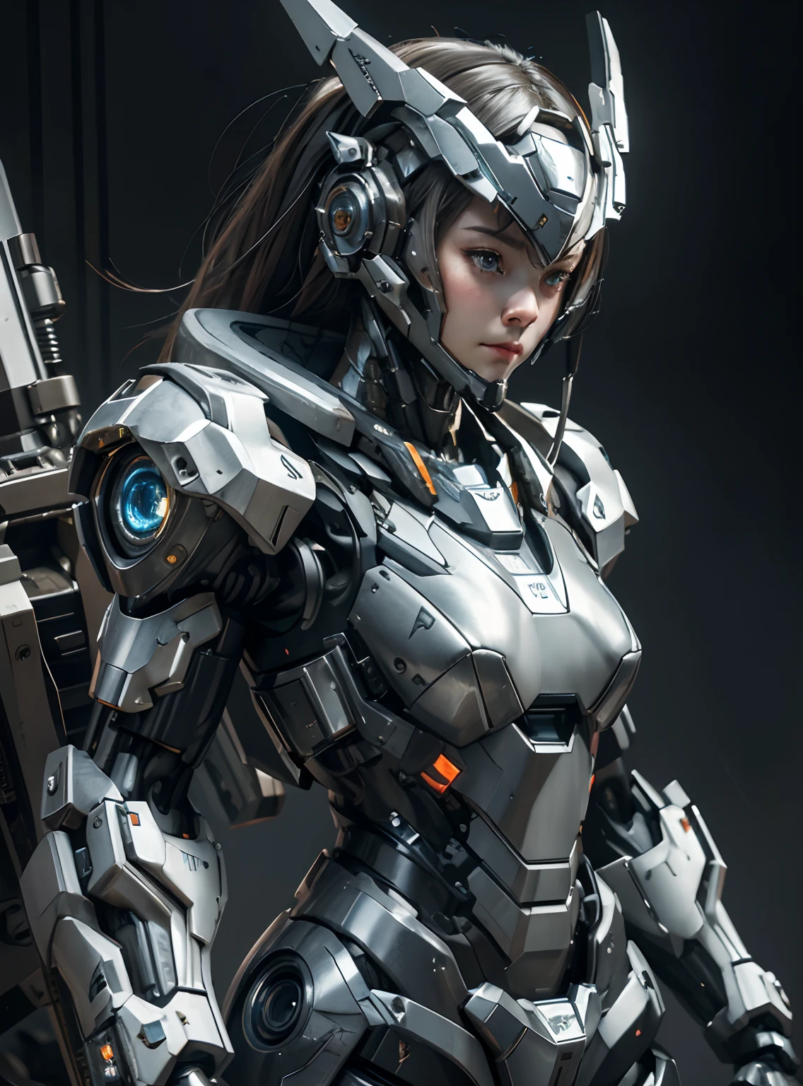 Textured skin, Super Detail, high details, High quality, Best Quality, hight resolution, 1080p, hard disk, Beautiful,(War Machine),(head gear),beautiful cyborg woman,Mecha Cyborg Girl,Battle Mode,Girl with a Mecha Body,She wears a futuristic war machine weapon mech,Fulll body Shot