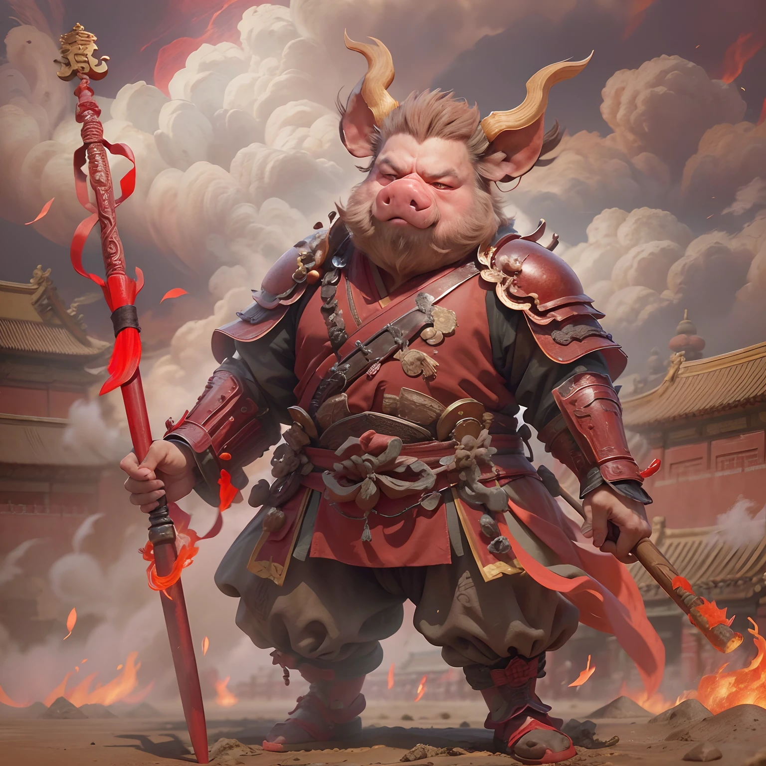1 Pig-headed man，Zhu Bajie held a nail rake，((Complete nail rake)),Put on the flame armoghting posture，Red ribbon，Clouds of flame under your feet,tmasterpiece，((The background is the Forbidden City, Oriental ancient city))，Cloud fog，8K，high definition resolution，Detailed detail drawing，very photoreal，