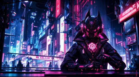 Design a striking cyberpunk-inspired image of a mysterious character, wearing an intricate Oni mask, immersed in the world of mu...