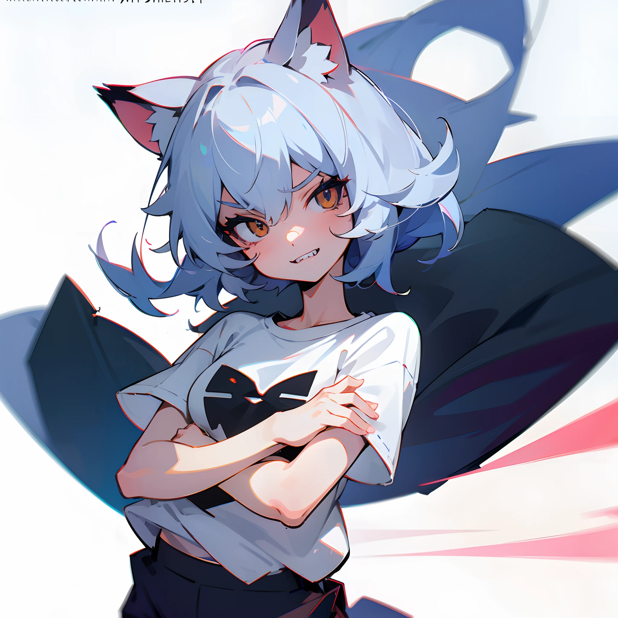 cat girl, white, sharp teeth, snooty, arrogant, simple flat background, bust, static pose, t-shirt and shorts, arms crossed