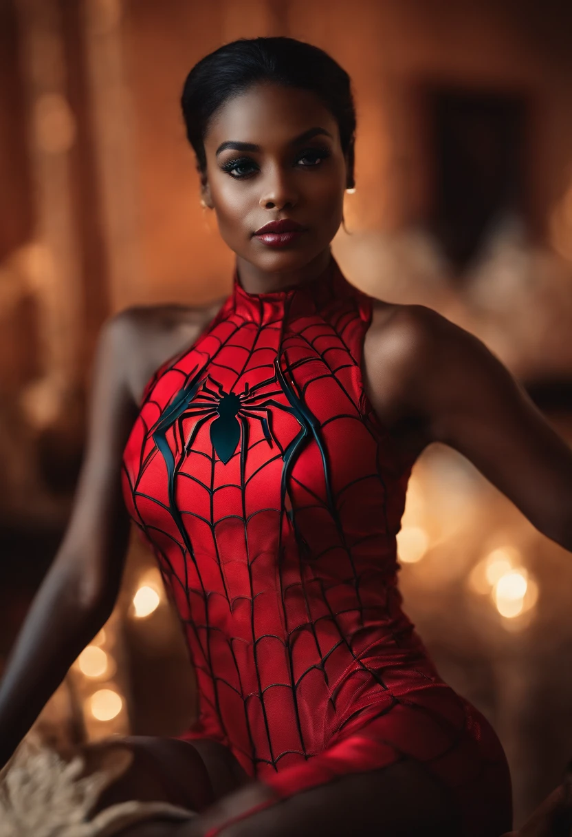 A woman in a red spider - man costume sitting on a chair - SeaArt AI