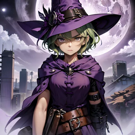 top-quality、extremely delicate and beautiful、(A teenage girl)、Purple Eye、Green hair、short-haired、(purple witch hat)、Purple tie、S...