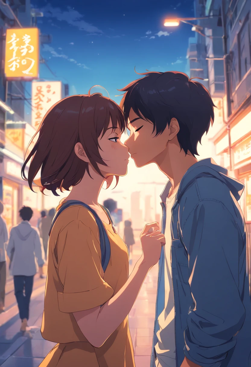 A couple kissing in the street at night - SeaArt AI