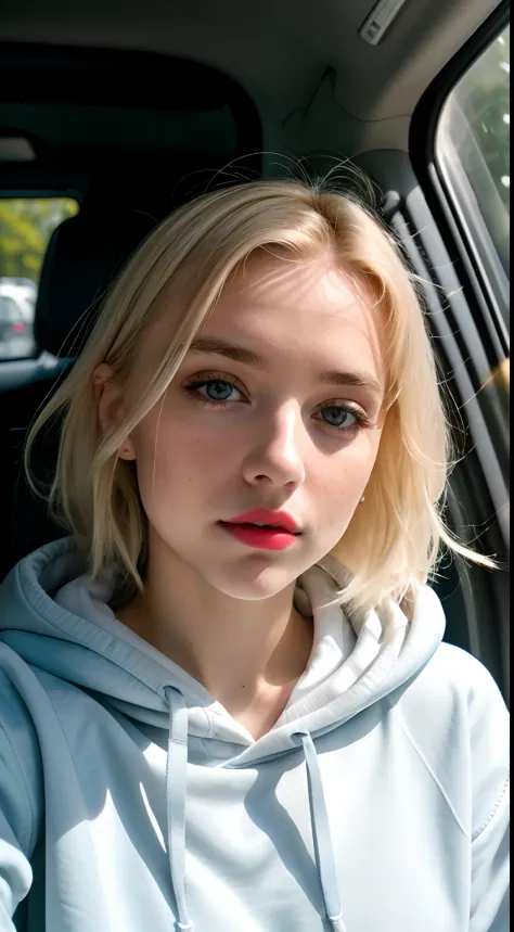 RAW photo, a 22-year-old blonde girl, upper body, selfie in a car, blue hoodie, inside a car, driving, lipstick, soft lighting, high quality, highres, sharp focus, extremely detailed, (sunlight on face), beautiful detailed eyes, masterpiece, cinematic ligh...