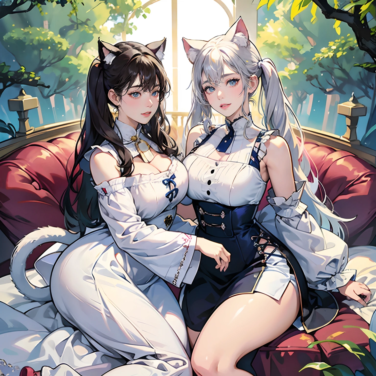Women in Their 20s、2 females:2.0、offcial art, unity 8k wall paper, ultra-detailliert, beautifly、Aesthetic, ​masterpiece, top-quality, Photorealsitic、Cat-eared clan、Cat's ears、very thick tail:1.5、very thick and long tail、azure eyes、Silver-white hair、shorth hair、Pigtail hairstyle:1.8、Collar with bell:2.0、Blue Apron Dress、depth of fields, Fantastic atmosphere, Calm palette, tranquil mood, Soft shading、cobblestone road、Stone signpost、Rivers and bridges、Beautiful Landscapes、bbw、very large breast、plump figure、krystal、Cat's ears:1.8、Cat ears on the head、thick waist、thick thight、an legs