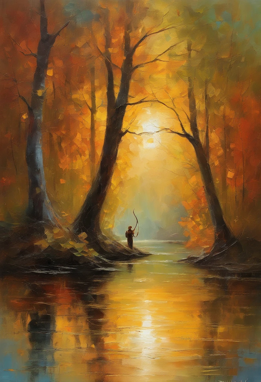 A painting of a man fishing in a river surrounded by trees - SeaArt AI