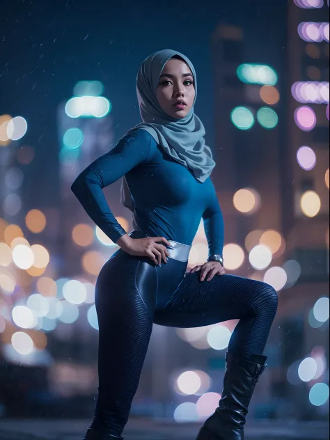 1 malay girl, solo, hijab, blue eyes, medium hijab, superhero, blue and white leotard, leggings, boots, hands on hip, top of bui...