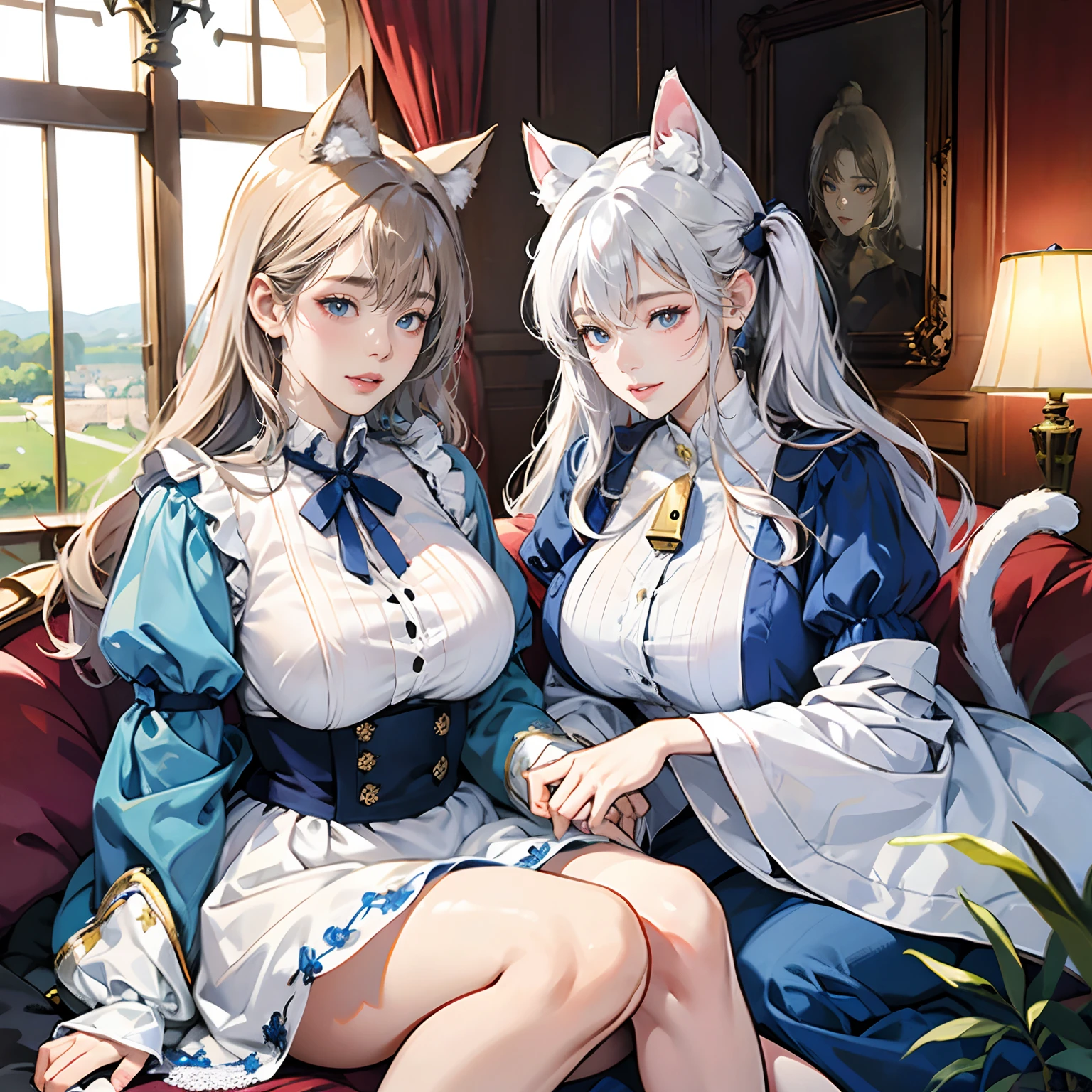 Women in Their 20s、2 females:2.0、offcial art, unity 8k wall paper, ultra-detailliert, beautifly、Aesthetic, ​masterpiece, top-quality, Photorealsitic、Cat-eared clan、Cat's ears、very thick tail:1.5、very thick and long tail、azure eyes、Silver-white hair、shorth hair、Collar with bell:2.0、Sky blue apron dress、Light blue blouse、depth of fields, Fantastic atmosphere, Calm palette, tranquil mood, Soft shading、cobblestone road、Stone signpost、Rivers and bridges、Beautiful Landscapes、bbw、very large breast、plump figure、krystal、Cat's ears:1.8、Cat ears on the head、thick waist、thick thight、an legs