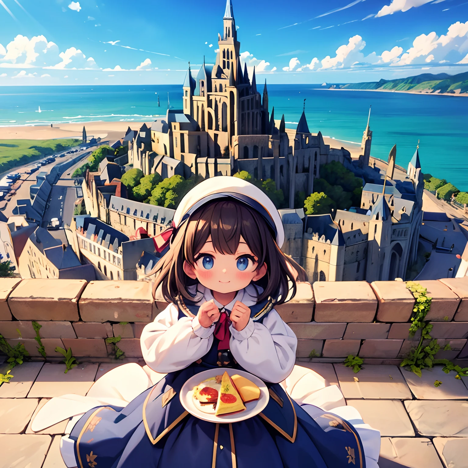 Turismo en Francia、Mont Saint-Michel、chica kawaii、cara feliz、Soufflé omelette、Traje nacional francés、Piel marrón、​obra maestra、de primera calidad、Calidad de imagen superior