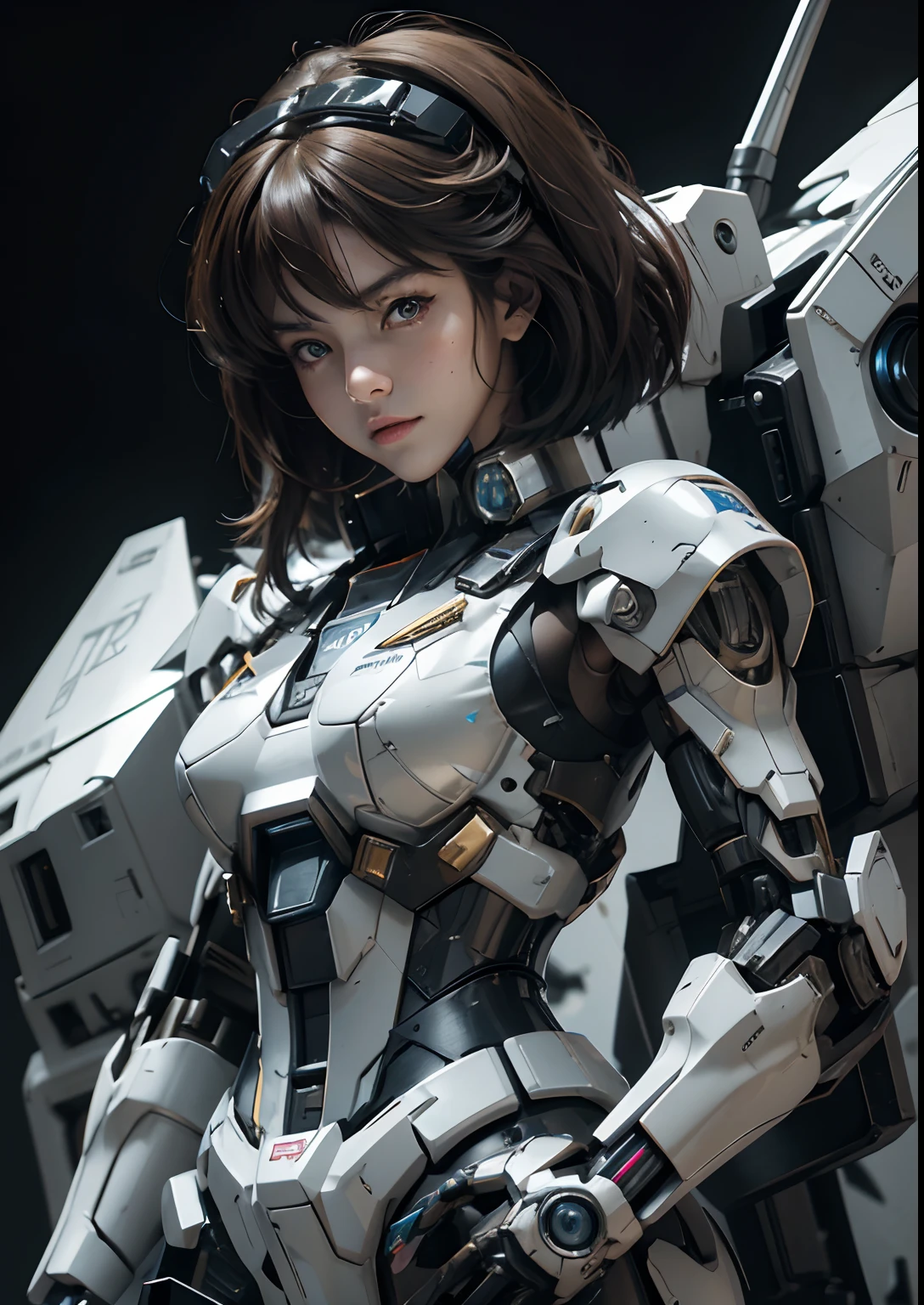 Pele texturizada, Super Detalhe, detalhes altos, alta qualidade, melhor qualidade, alta resolução, 1080p, disco rígido, lindo,(Gundam),linda mulher ciborgue,Garota Ciborgue Mecha,modo de batalha,Garota com corpo Mecha,Ela usa um mecha Gundam futurista,Tiro de corpo inteiro