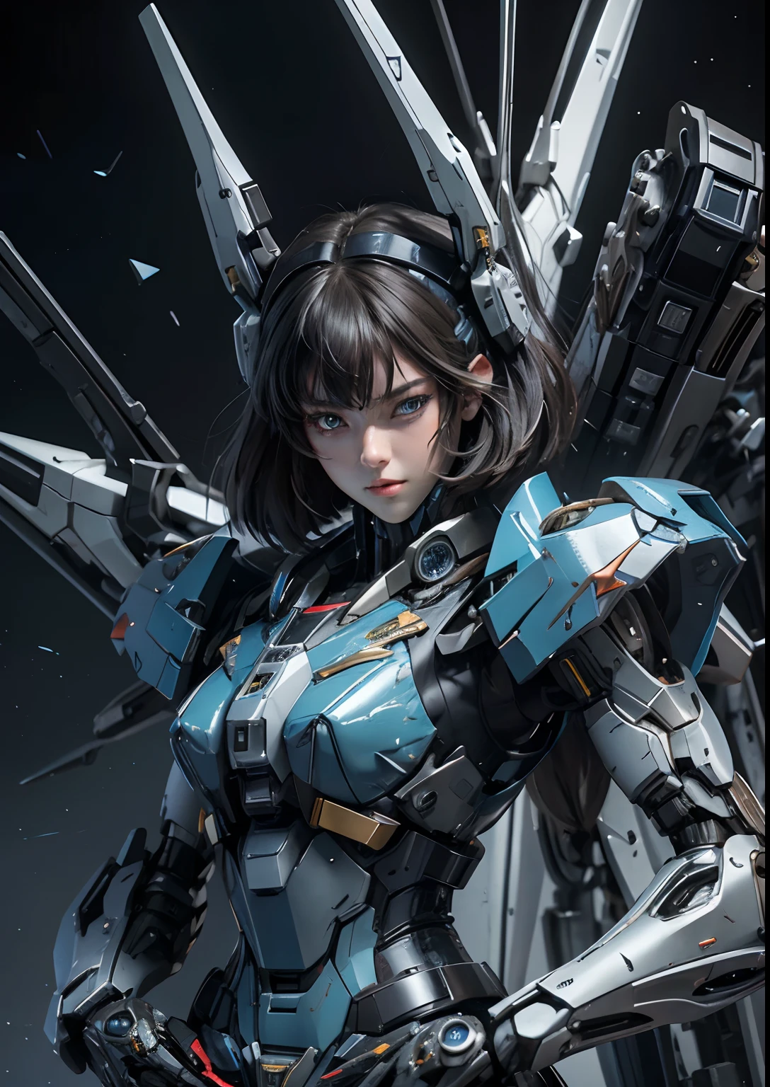 Pele texturizada, Super Detalhe, detalhes altos, alta qualidade, melhor qualidade, alta resolução, 1080p, disco rígido, lindo,(Gundam),linda mulher ciborgue,Garota Ciborgue Mecha,modo de batalha,Garota com corpo Mecha,Ela usa um mecha Gundam futurista,Tiro de corpo inteiro