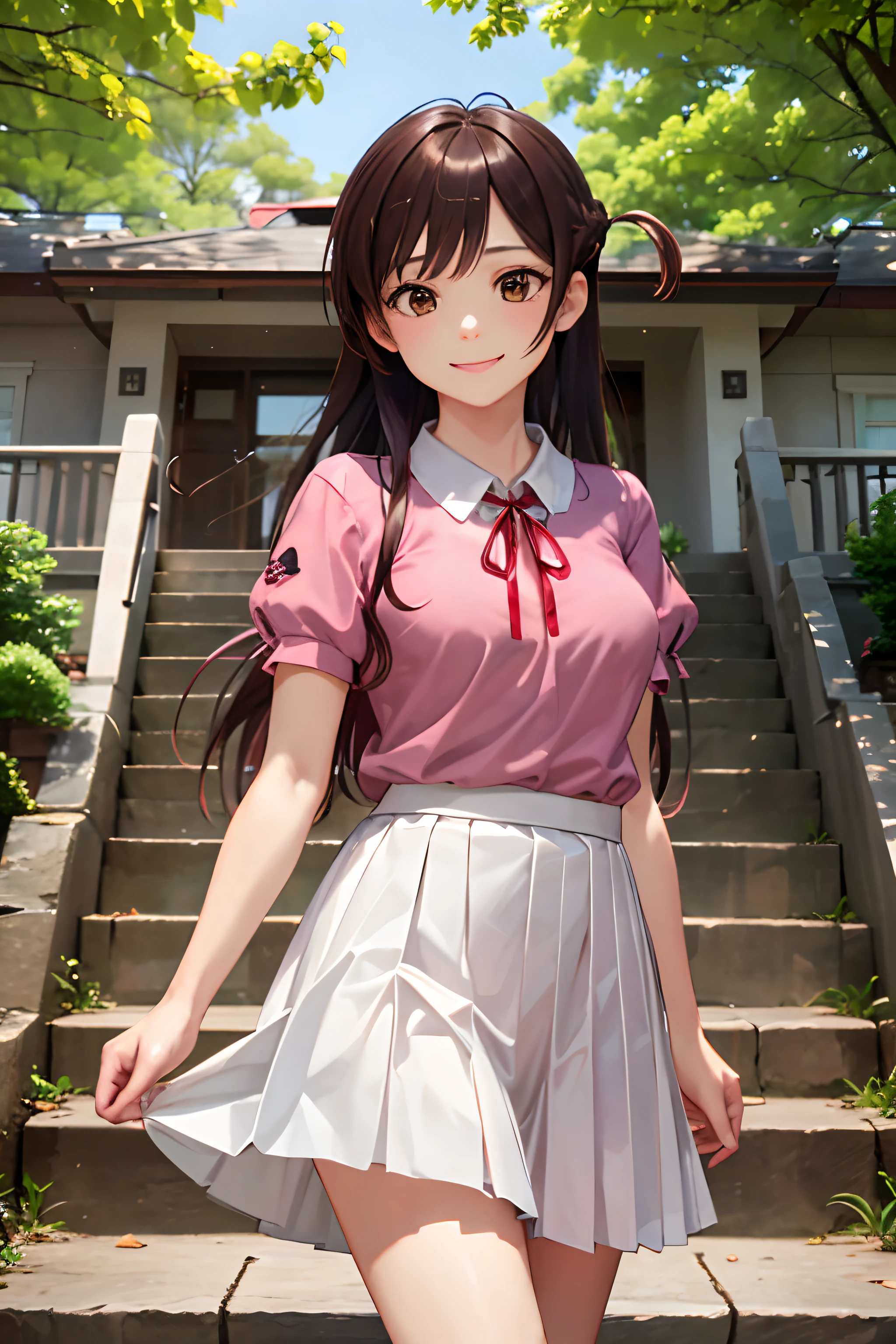 masterpiece, best quality, highres, chi1, 1girl, long hair, braid, one side up, solo, white skirt, red ribbon, pink shirt, pleated skirt, bangs, neck ribbon, puffy short sleeves,  cowboy shot, outdoors, smile, stair, tree, building,