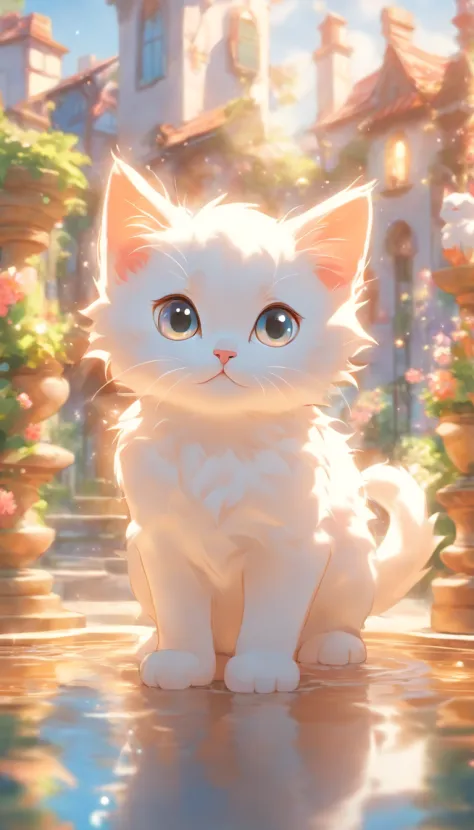 a round-eyed cute white kitten, Garden fountain, glimmer, Distant houses, mirror effect
