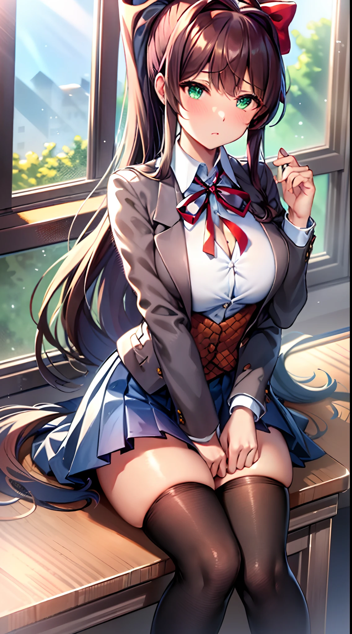 (masterpiece, top quality, best quality, art, beautiful), monika, emerald green eyes, very long hair, coral brown hair, high ponytail tied back with a large white bow, curled slightly at the ends, school uniform consisting of a warm gray blazer fully buttoned and untucked, brown sweater vest, white shirt fully buttoned and tucked, red ribbon, dark blue pleated skirt, black thigh-high socks and white uwabaki slippers with pink tips, (background:classroom on the window is space), Yandere, eyes on the camera,