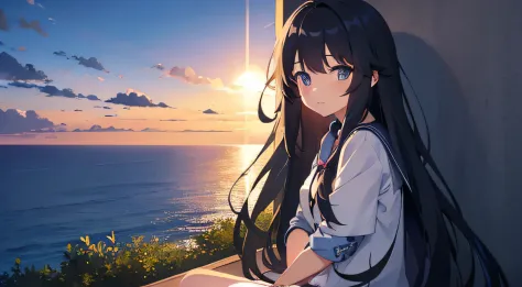 anime girl with long hair sitting on a cliff while watching the sunset at the sea