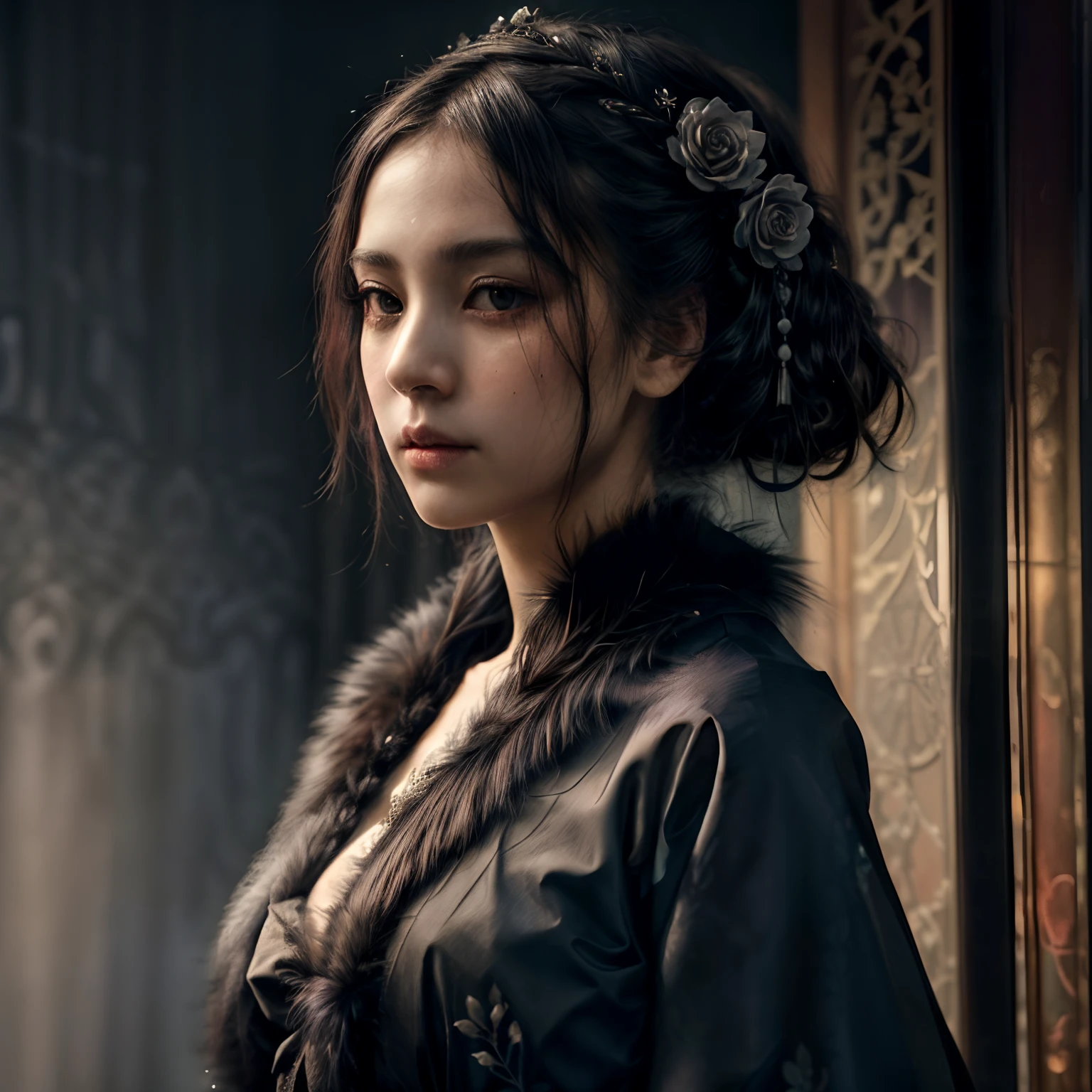 Official Art, Unity 8k wallpaper, super detailed, beautiful, beautiful girl, wearing black clothing, masterpiece, best quality, dark, atmospheric, mystical, romantic, creepy, literature, art, fashion, showa era, decoration, intricacies, fur products, lace, contemplation, emotional depth, supernatural, kimono 1girl, solo, neck, bust composition