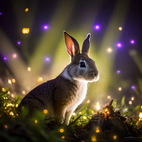 close up photo of a rabbit in an enchanted forest, nighttime, fireflies, volumetric fog, halation, bloom, dramatic atmosphere, centred, rule of thirds, 200mm 1.4f macro shot