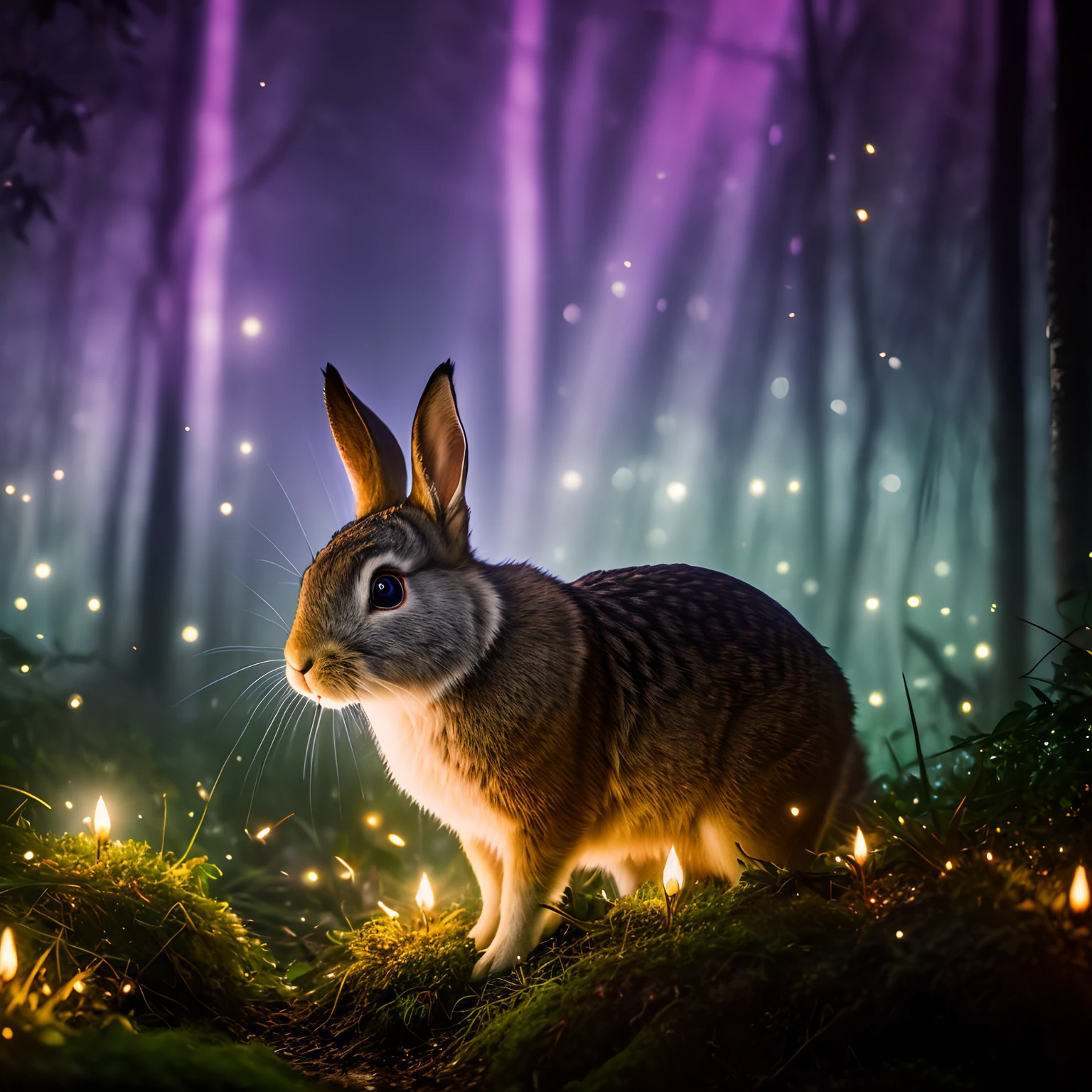 魔法森林里的兔子的特写照片, 夜间, 萤火虫, 体积雾, 光晕, 盛开, 戏剧氛围, 居中, 三分法则, 200毫米 1.4f 微距拍摄