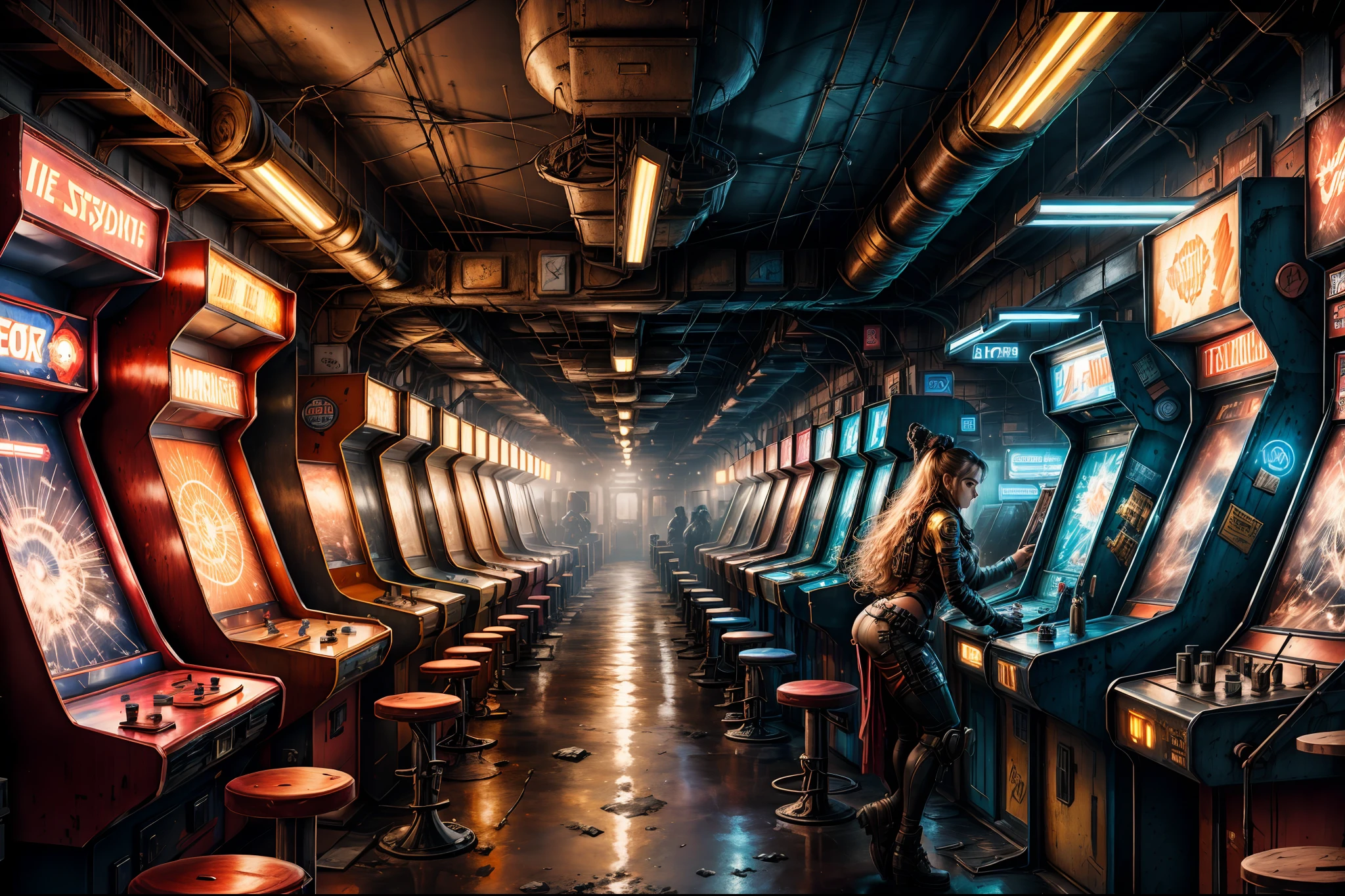 （（obra-prima））， （（melhor qualidade））， （（O é muito detalhado：1.3））， Cyberpunk， Realista， Espaço interior， linda mulher andróide， corpo perfeito， rosto bonito， olhos perfeitos， mão perfeita， Arcade de robôs de ficção científica， Grandes quantidades de crómio e metais， blue néon luzes， néon_luzes， Arcada，Fábrica de ficção científica，dentro do quarto