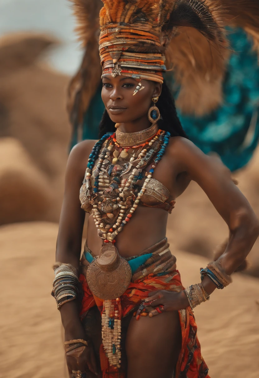 Araffe woman in a colorful bikini posing in the desert, epic 3 d oshun,  Princesa africana deslumbrante, Cinematic Goddess Body Shot, tiro  extremamente detalhado da deusa - SeaArt AI