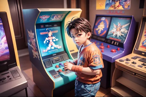 （best qualtiy， tmasterpiece）， 独奏， a popular arcade arcade in the 90s, a handsome little boy passionately plays street fighter fi...