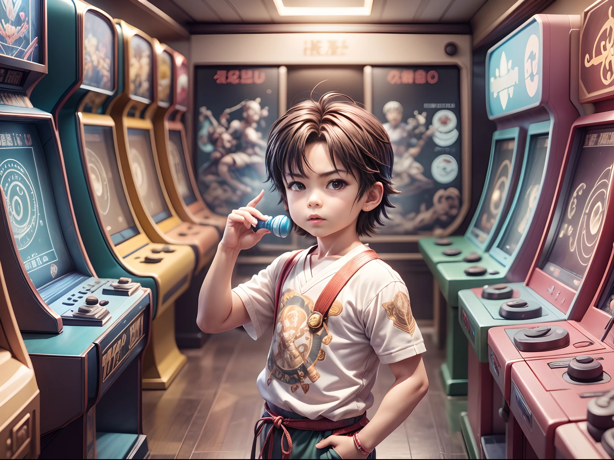 （best qualtiy， tmasterpiece）， 独奏， A popular arcade arcade in the 90s, A handsome little boy passionately plays Street Fighter fighting games, He stands in front of an arcade machine with a color display, Showcasing the game's exciting visuals. There is a strong sense of nostalgia in the air. The arcade is dimly lit, The walls are decorated with classic game posters and three-dimensional models of game characters, The little boy holds the joystick of the arcade machine, Manipulate his characters quickly and skillfully, Display gorgeous combos and skills on the screen, (fang, anime style, wide shot, sideways, 8k, super detail, ccurate, best quality, anatomically correct, highres)