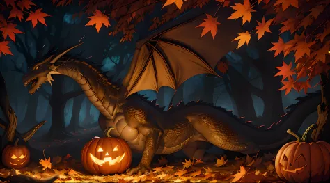 exquisitely detailed dragon laying amongst leaves in a beautiful fall setting, there is a perfectly carved pumpkin in front of him, looking at viewer, all hallows eve setting, atmosphere is dark but magical, masterpiece, 12k resolution, UHD