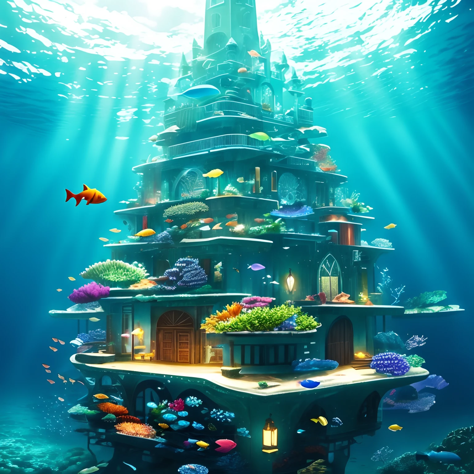 Tower at the bottom of the sea、ocean floor、Showered with light、Fantastic atmosphere、Colorful fish、tropical ocean、Complex light effects