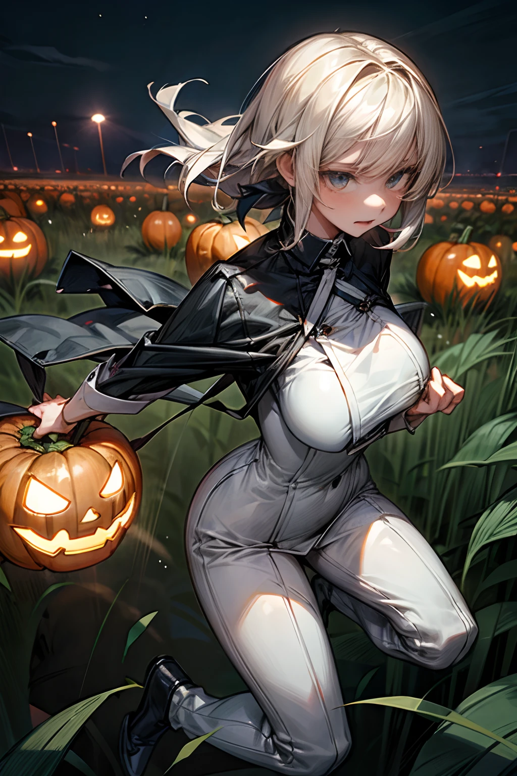 female farmer wearing white clothes, Fighting Jack-o'-lantern, Field at night, fully clothed, giga_busty