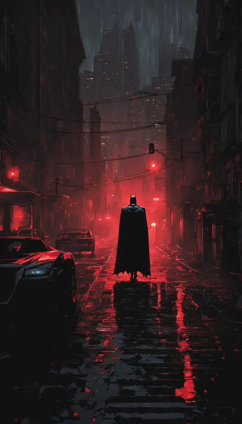 Explore the dark and gritty streets of Gotham City as Batman, the caped crusader, in a stunning noir-style rendering that captures the brooding atmosphere of the city.”to futuristic bad eyes, red eyes